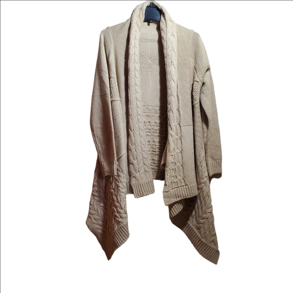 LOVE CRAZY Cable Knit Duster Cardigan Waterfall Style Open  Front Size Lg. EUC